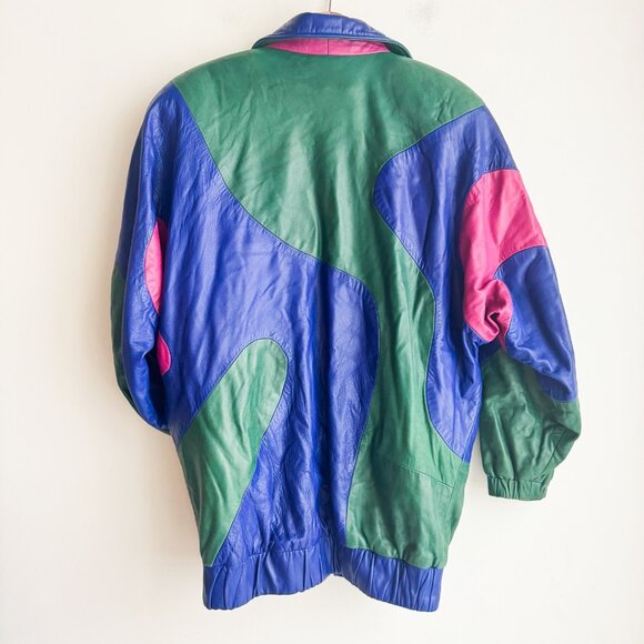 Pano Sereti Multicolor Green Blue Pink Bomber Jacket w Sheared Rabbit Liner S - Picture 6 of 8